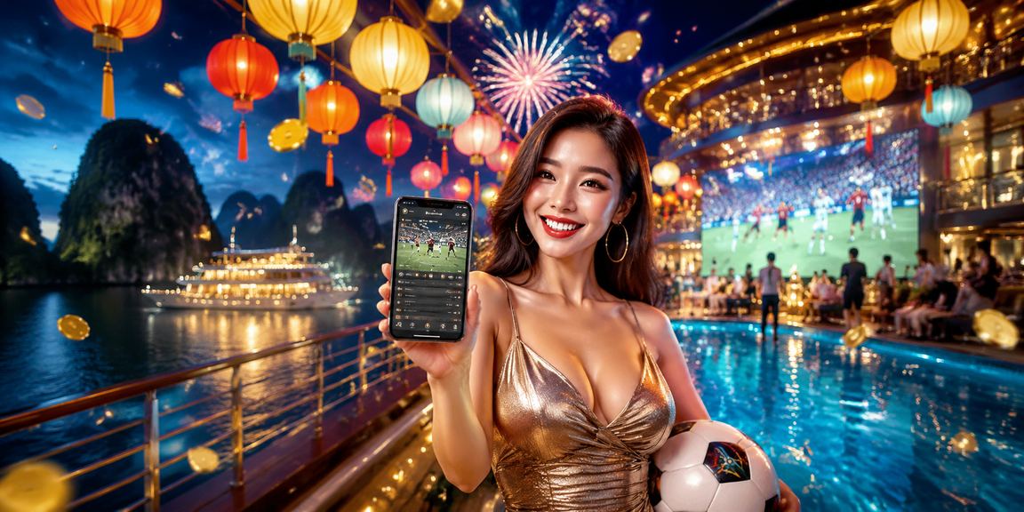 Cảnh đêm Hạ Long Bay với người dùng truy cập ứng dụng casino và đặt cược trực tuyến
