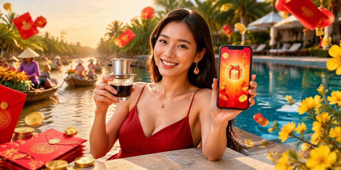 Người dùng vùng Mekong tìm hiểu cá cược và thông tin thưởng đỏ qua điện thoại trong quán cà phê